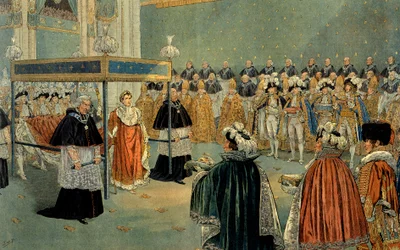 Napoleon I:n (1769-1821) kruunajaisten kuvaus Pariisin Notre-Damen katedraalissa 02/12/1804. Kuvitus Jacques Marie Gaston Onfray de Bréville, taiteilijanimeltään Job (1858-1931). Yksityiskokoelma