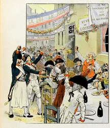 Vallankumouksellinen juhla-ateria Bastillen valloituksen jälkeen - Kuvitus Job (Jacques Marie Gaston Onfray ja Breville) (Jacques-Marie) (1858-1931) kirjalle "La Tour d