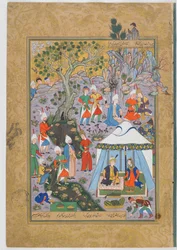 Folio Jamin (k.1492) Haft Awrang (Seitsemän valtaistuinta) -teoksesta; recto: Khusraw Parviz ja Shirin neuvottelevat kalakauppiaan kanssa.